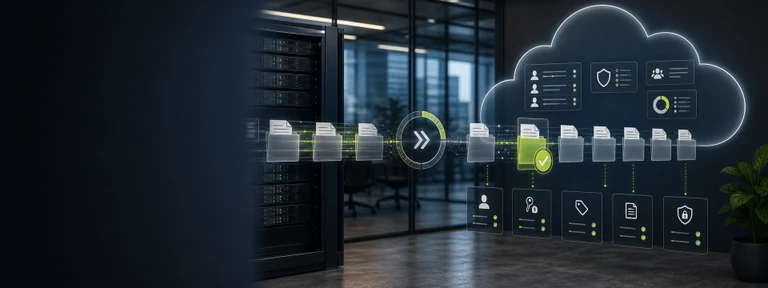 Schaubild zur geordneten Dateiübernahme in die Cloud mit Berechtigungsprüfung