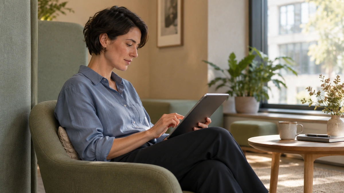 Eine Mitarbeiterin gibt allein an einem ruhigen Arbeitsplatz Rückmeldung auf einem Tablet