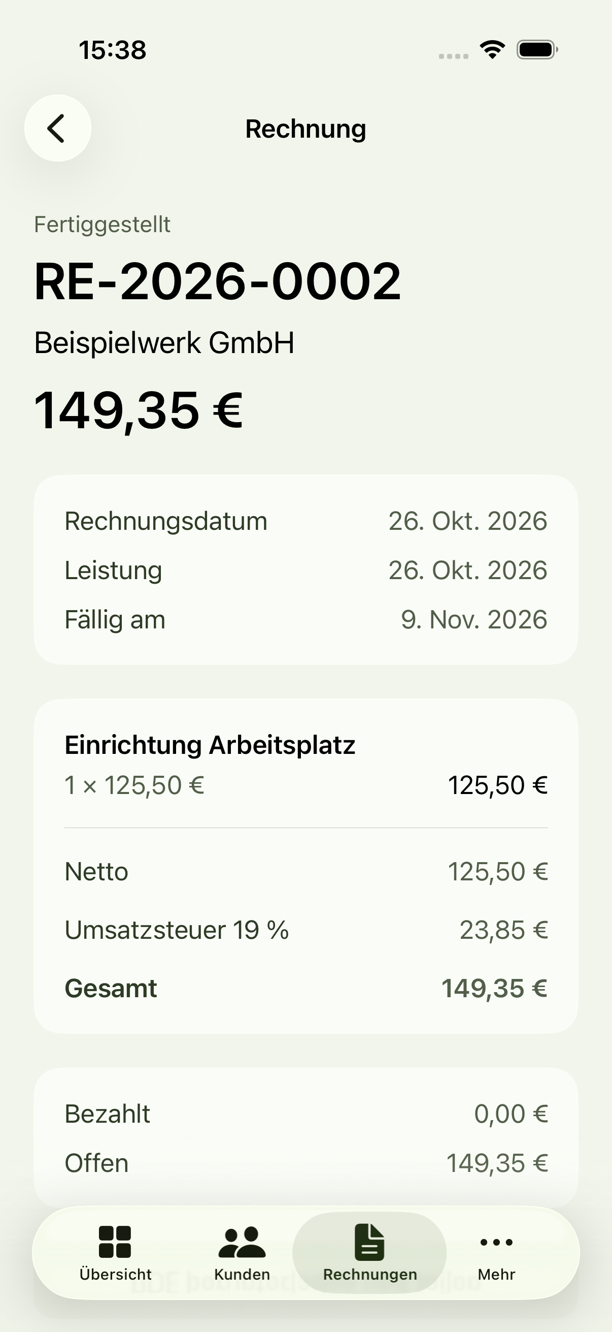 Echte Rechnungszeit-App mit fiktiver Beispielrechnung