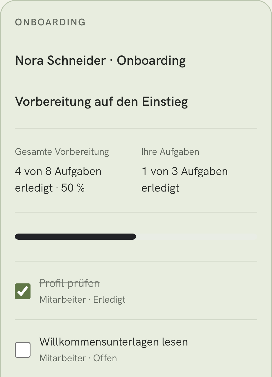 Onboarding in der Demo: Nora Schneider hat ihr Profil geprüft. Die Aufgabe Willkommensunterlagen lesen ist noch offen. Insgesamt sind vier von acht Aufgaben erledigt, davon eine von drei eigenen Aufgaben.