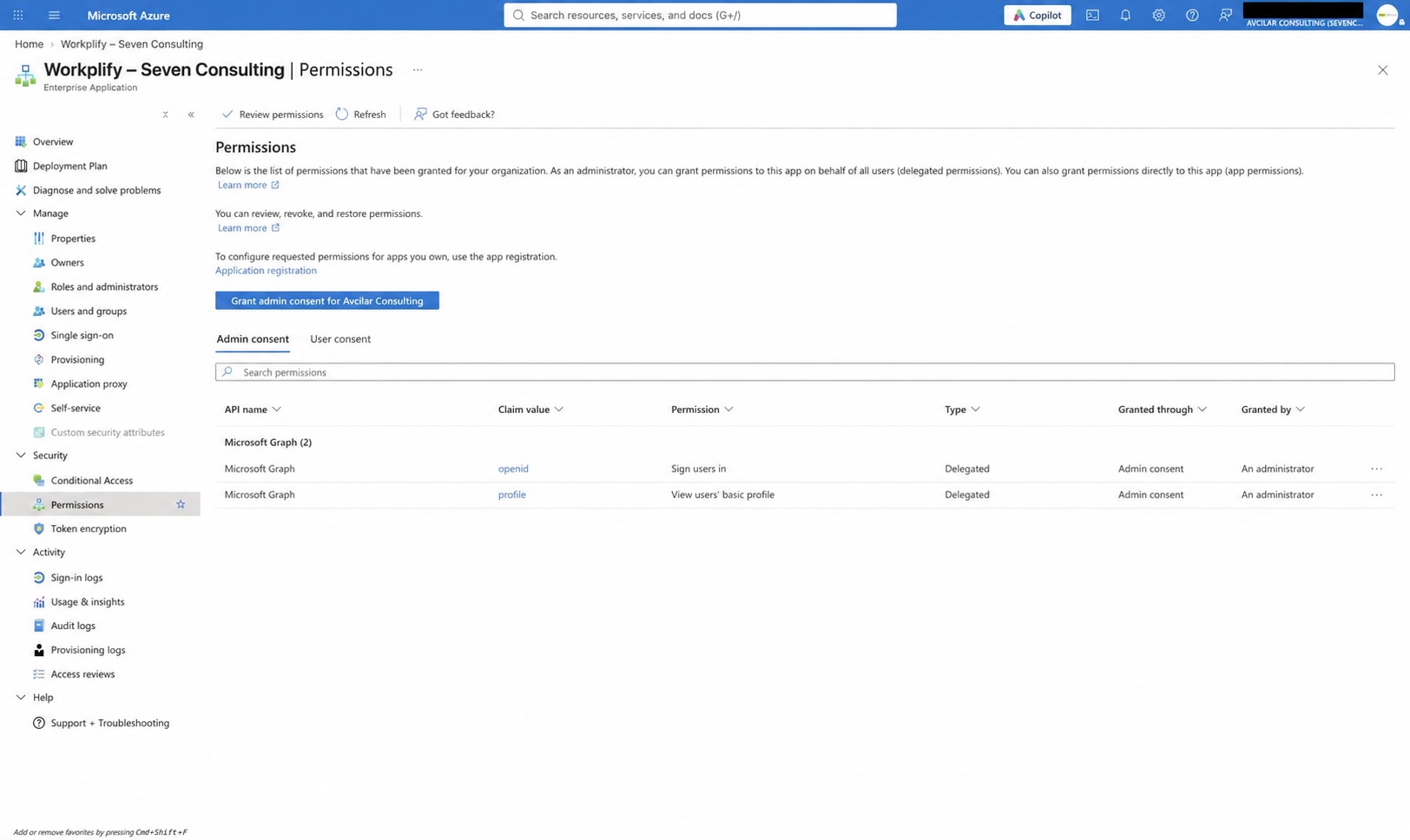 Berechtigungen der Unternehmensanwendung mit zentral genehmigtem openid und profile
